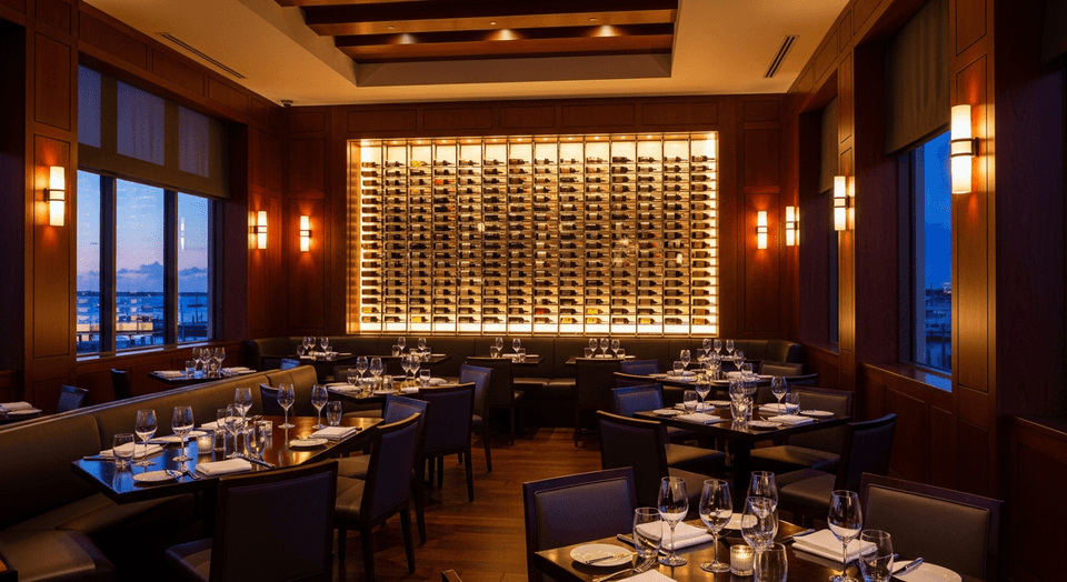 Maury's Steakhouse elegant dining room with illuminated wine wall and harbor views at Sunseeker Resort