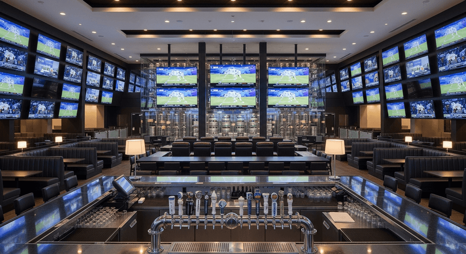 Allegiant Stadium sports bar with massive screens and reclining leather loungers at Sunseeker Resort