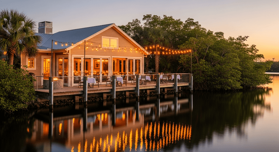 The Bay House upscale waterfront restaurant nestled among mangroves on the Cocohatchee River in Naples