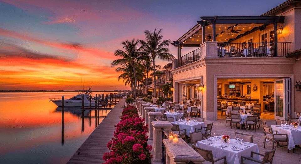 Bayside Seafood Grill rooftop dining overlooking Venetian Bay at sunset in Naples