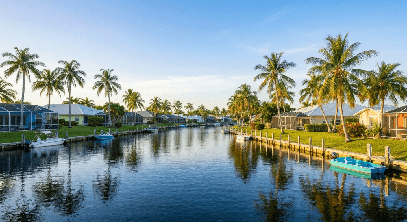 Aerial view of Cape Coral's waterfront canals and homes
