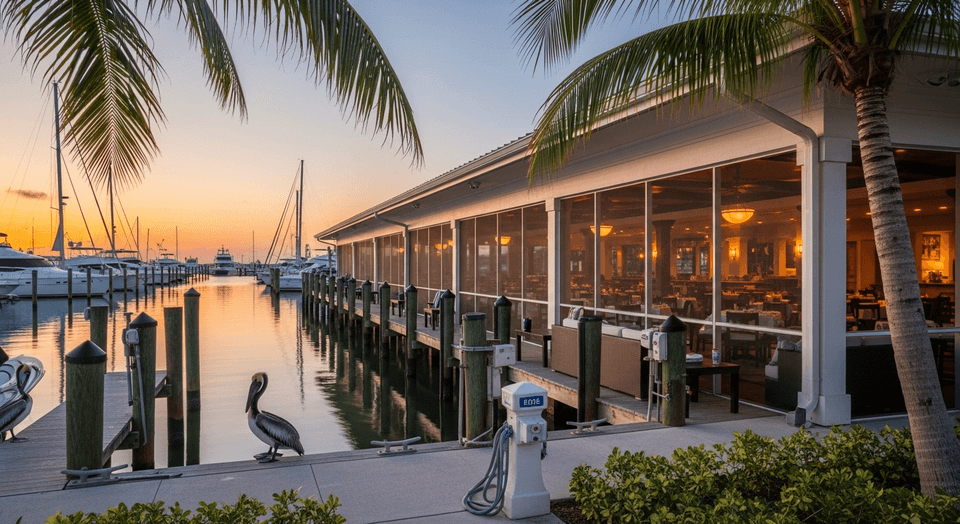 Lighthouse Waterfront Restaurant covered porch with marina views at Port Sanibel in Fort Myers