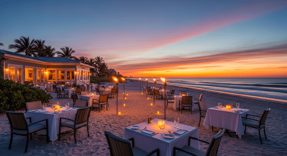 The Turtle Club beachfront dining directly on white sand at Vanderbilt Beach Naples at sunset