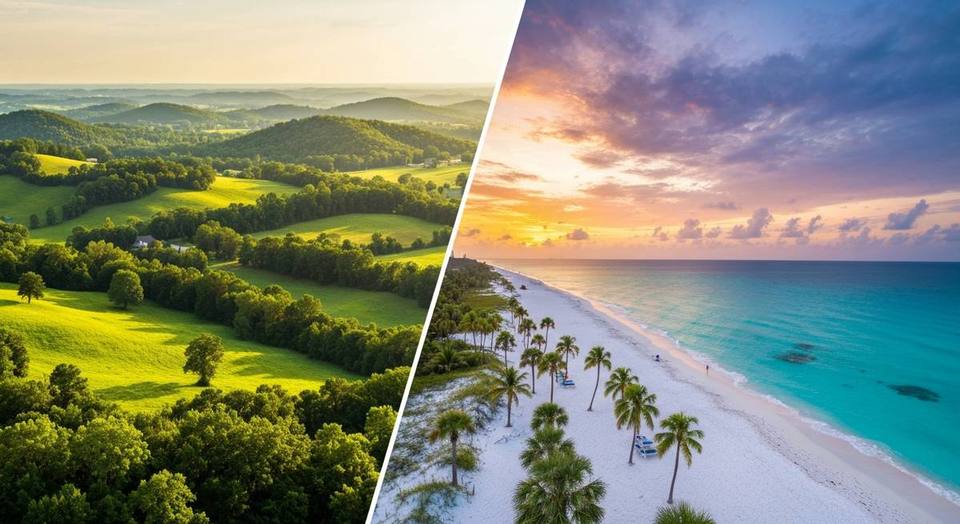 Tennessee rolling hills transitioning to Florida beach coastline