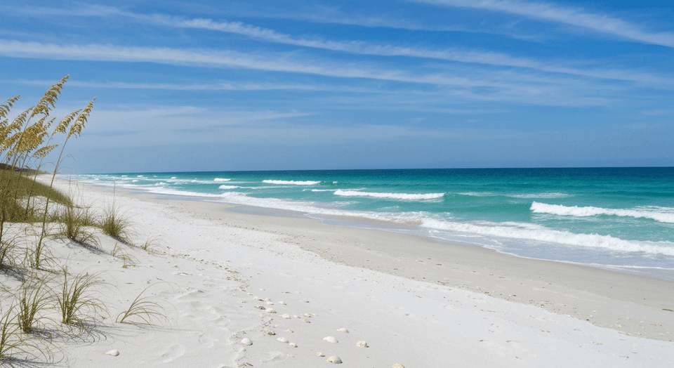 White sand beach on Manasota Key in Englewood Florida with gentle Gulf waves and sea oats along the dunes