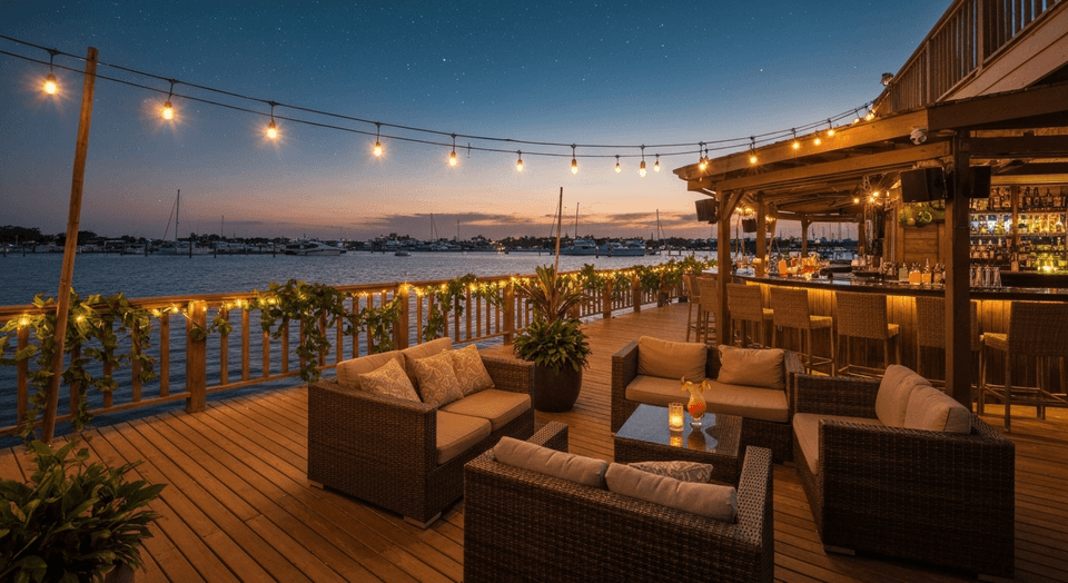 The Nauti Mermaid Dockside Bar and Grill outdoor seating at Tarpon Point Marina