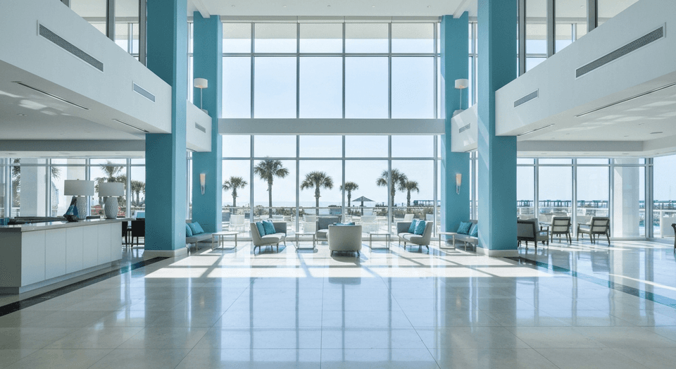 Modern interior design at Zota Beach Resort with contemporary lobby and tropical accents