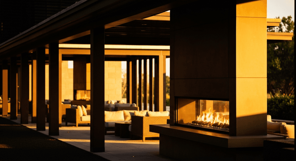 Upscale restaurant interior with floating wine wall and contemporary fireplace at Viento Kitchen and Bar