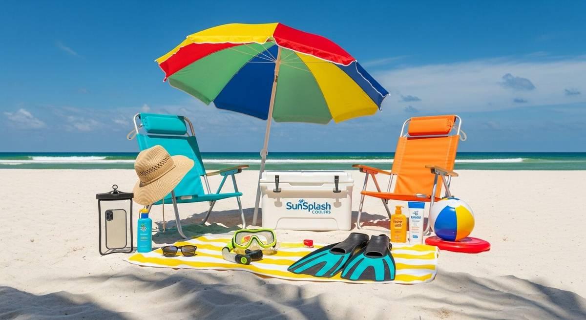 Beach gear laid out including chair umbrella and cooler