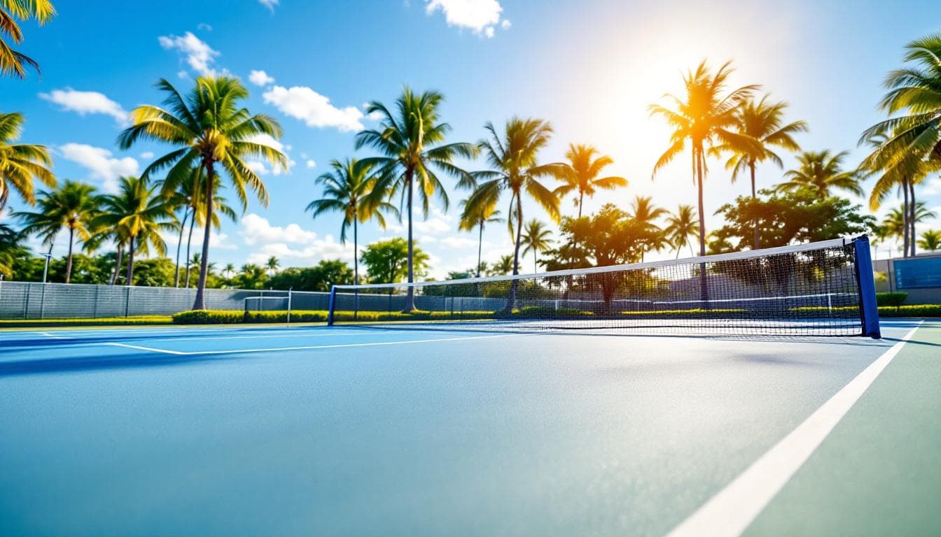 Outdoor pickleball courts in Fort Myers Florida with palm trees and sunshine