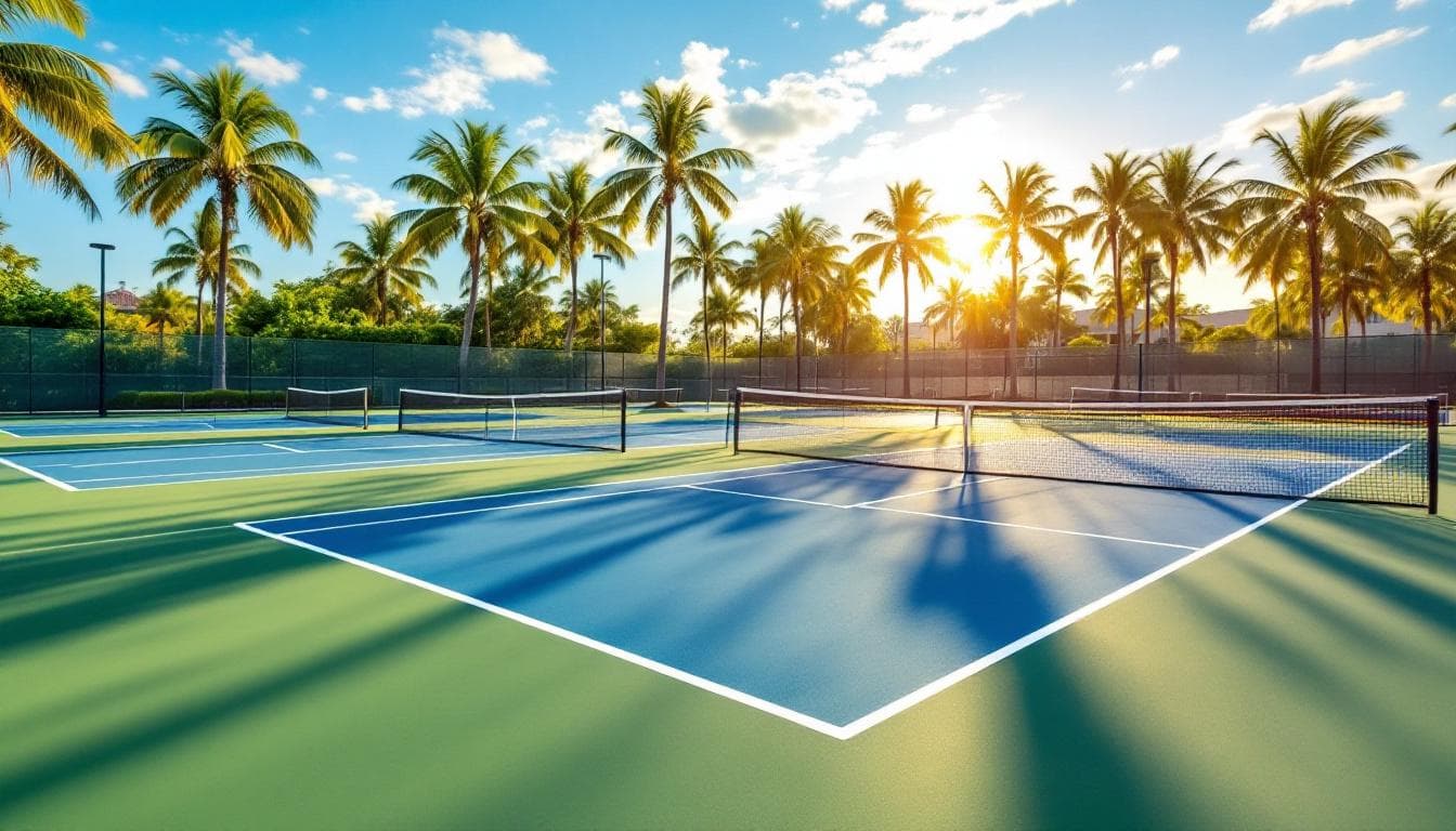 Pickleball courts at East Naples Community Park with players on a sunny Florida day