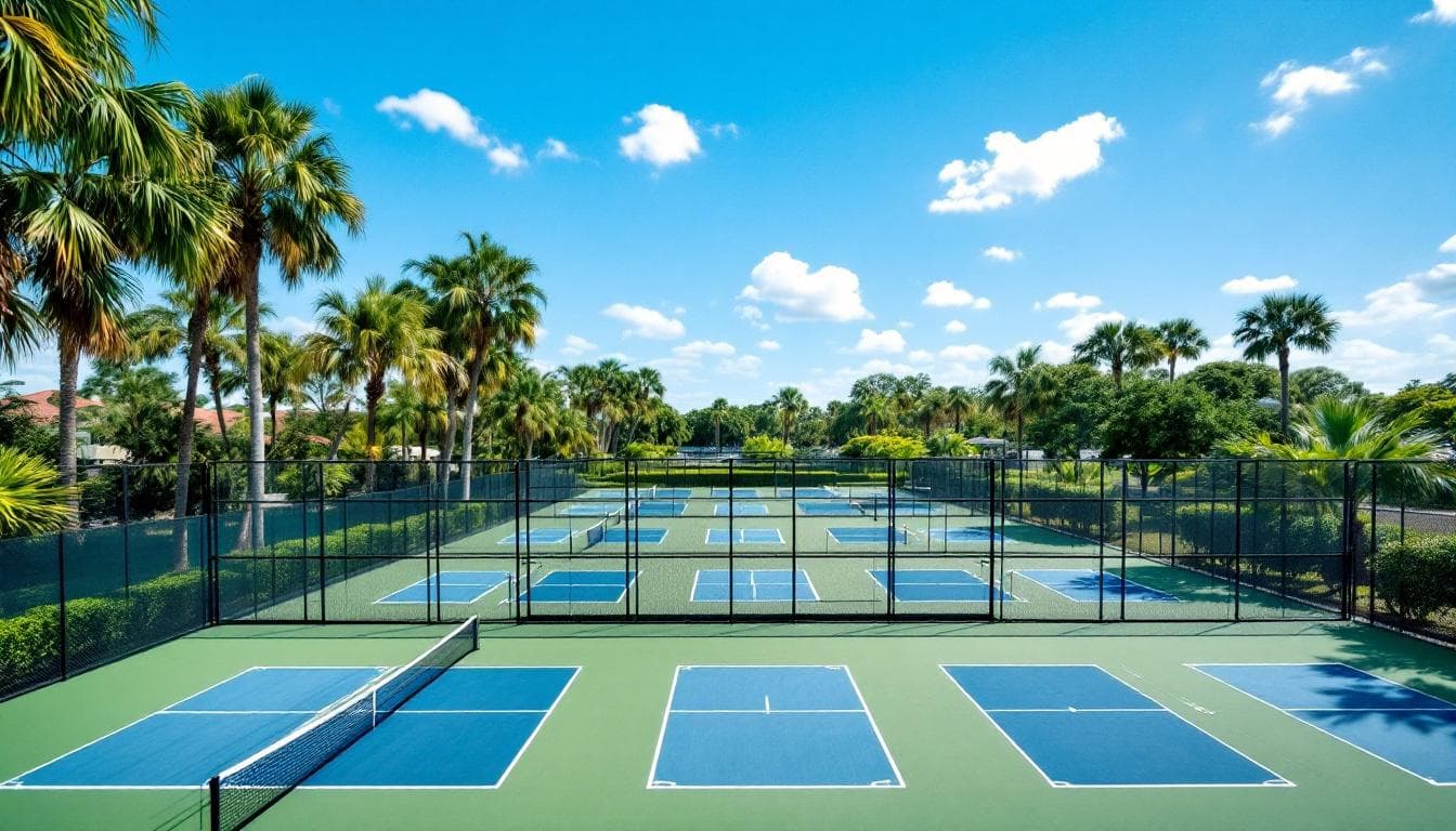 Aerial view of an outdoor pickleball court complex in Southwest Florida with palm trees and blue sky