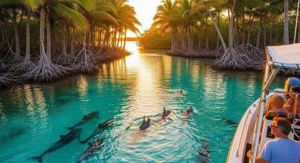 Boat cruising through Naples Bay at sunset