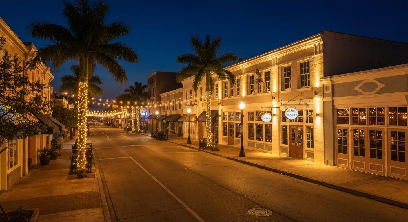 Fort Myers River District at night with lit streets and waterfront views