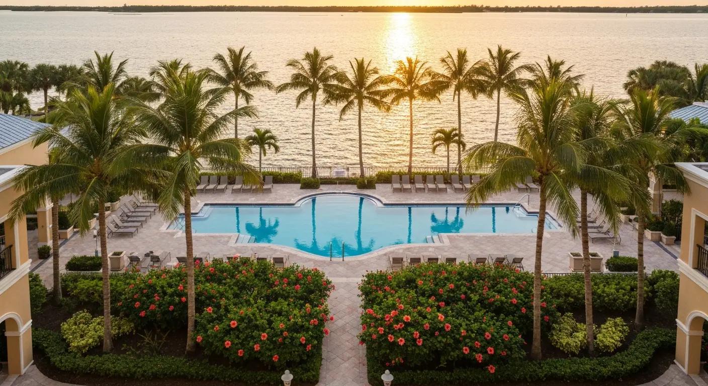 Waterfront resort pool overlooking palm trees and the Gulf Coast in Bonita Springs Florida
