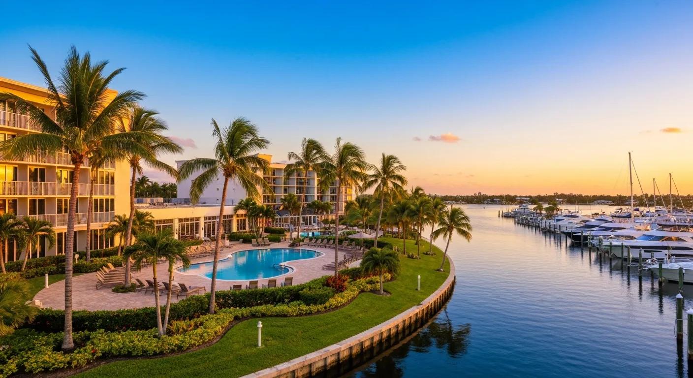 Waterfront resort and palm trees along a canal in Cape Coral Florida