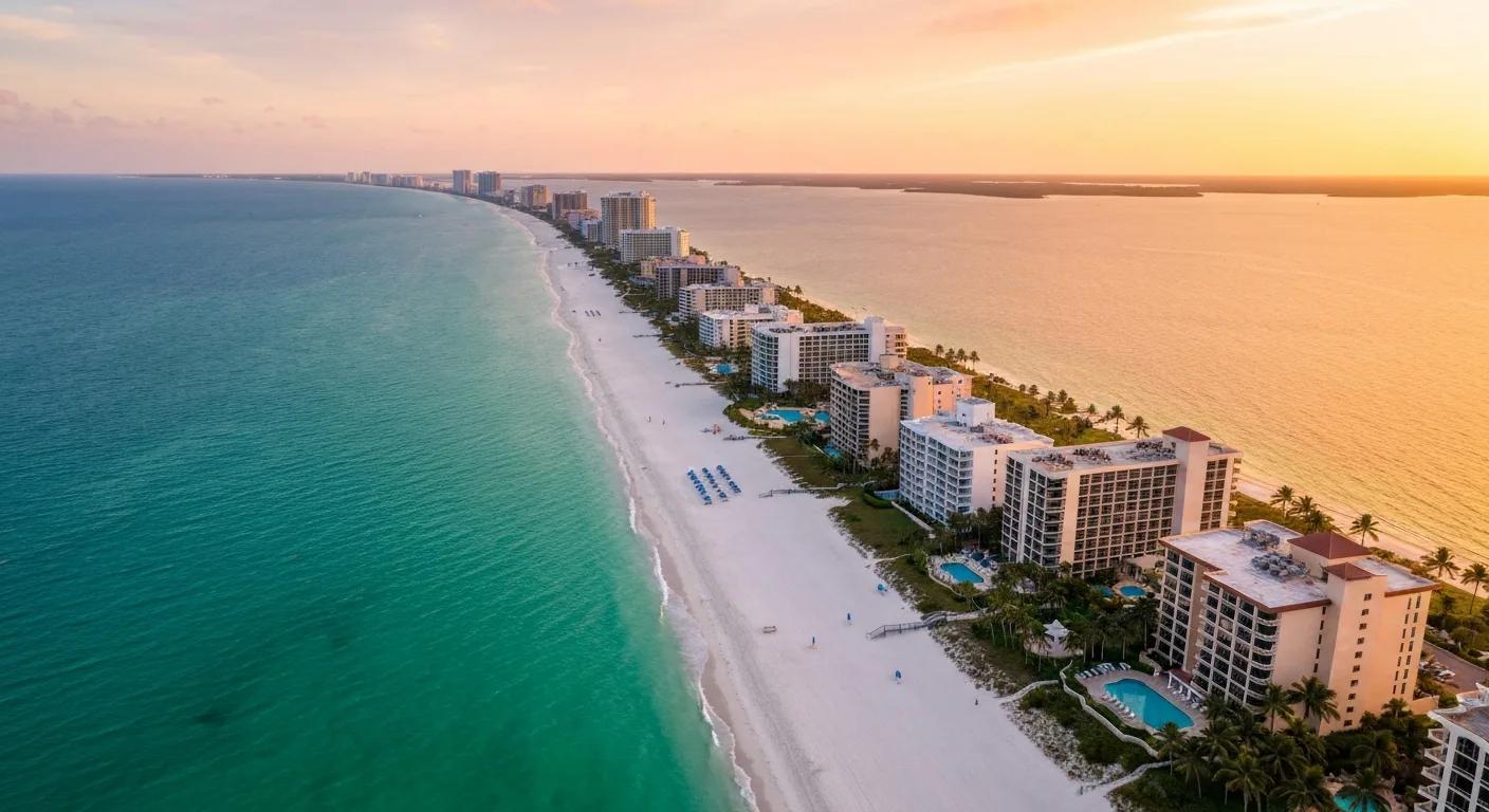Aerial view of Marco Island beachfront resorts along the Gulf of Mexico shoreline