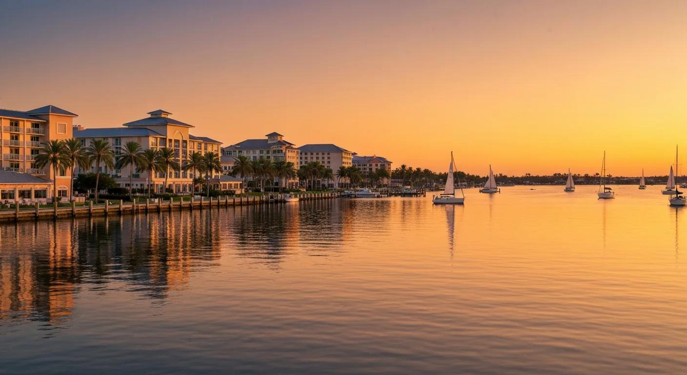 Scenic waterfront view of Punta Gorda Florida hotels along Charlotte Harbor at sunset