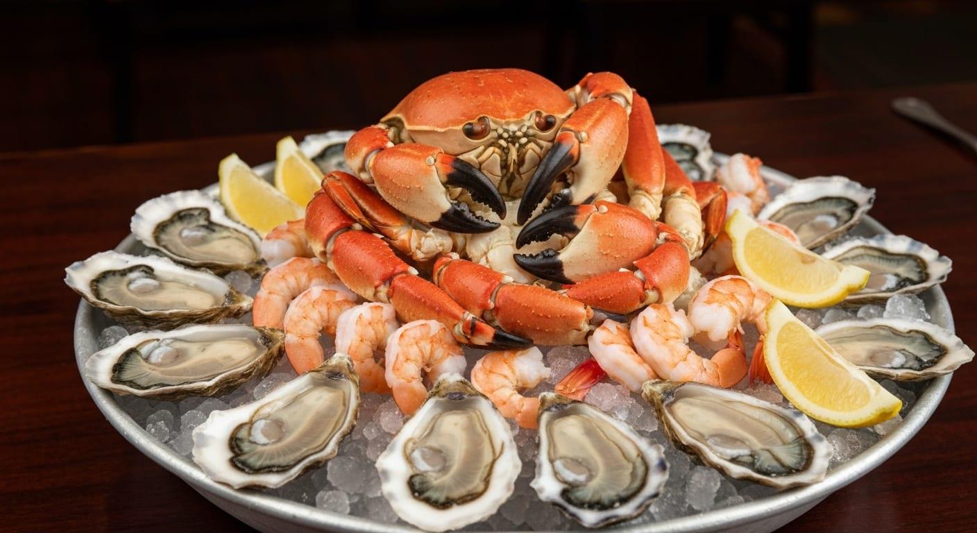 Fresh seafood platter with stone crab claws at a Naples Florida waterfront restaurant