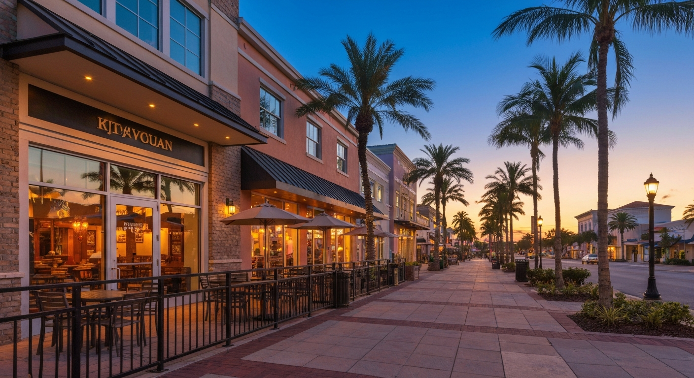 Evening scene on Fifth Avenue South in Naples Florida with lit restaurants and bars