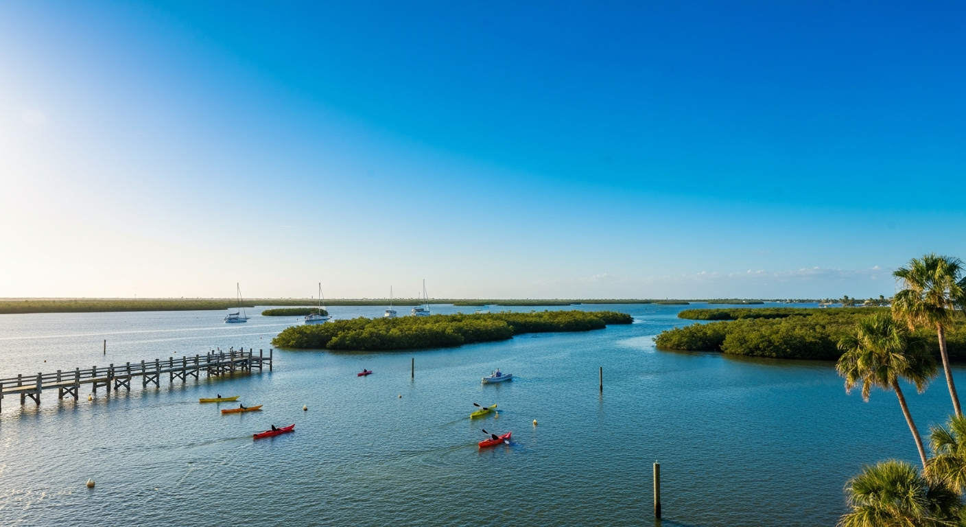 Charlotte Harbor waterfront with kayaks and fishing pier in Port Charlotte Florida
