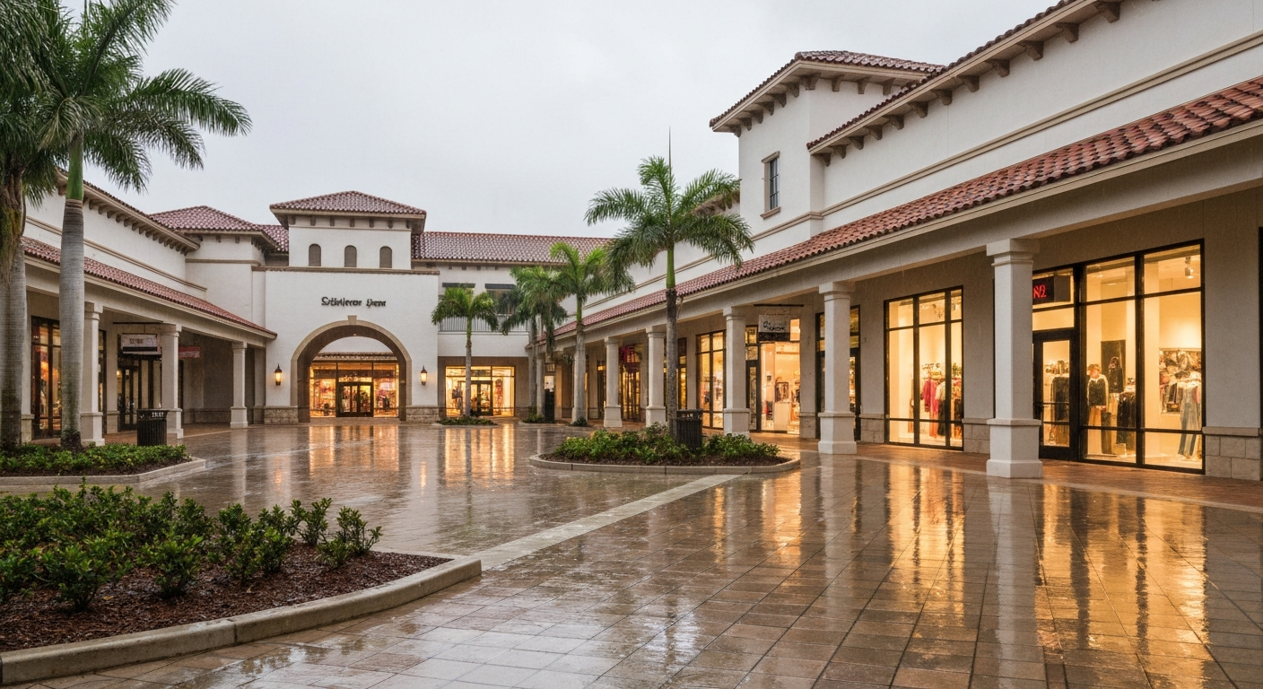Miromar Outlets shopping center in Estero Florida with covered walkways