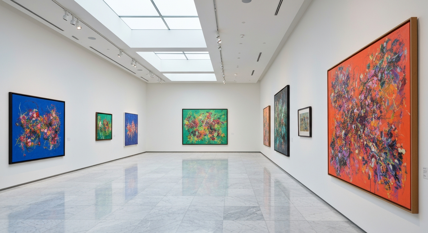 Elegant art museum gallery in Naples Florida with rain visible through windows