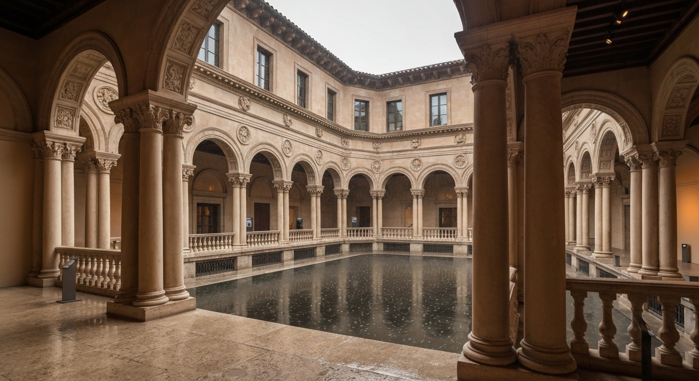 The Ringling Museum courtyard viewed from inside on a rainy day in Sarasota Florida