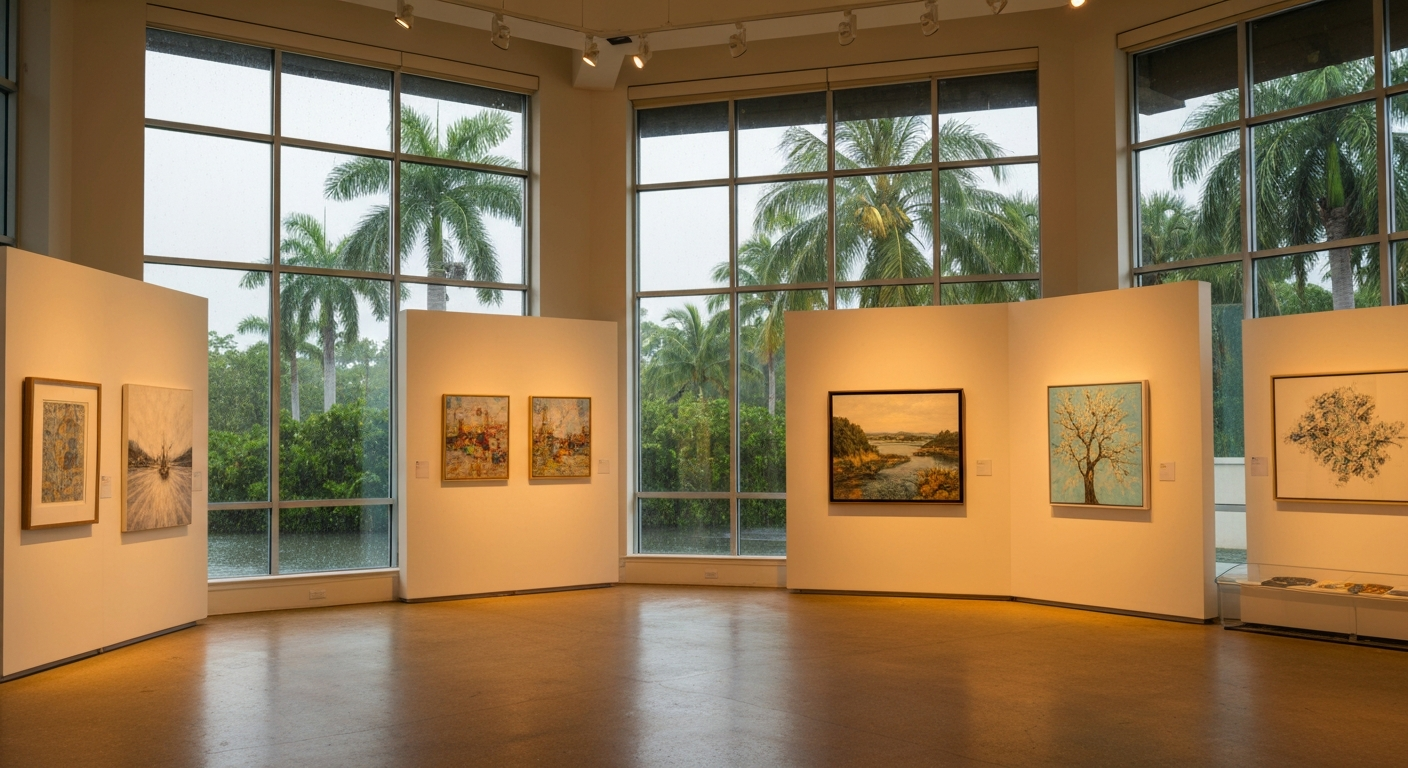 Cozy indoor scene in a Southwest Florida museum during a rainy afternoon