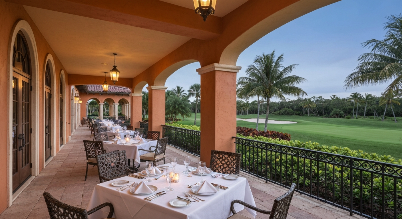 Outdoor dining at The Ritz-Carlton Naples Tiburon golf resort overlooking the course
