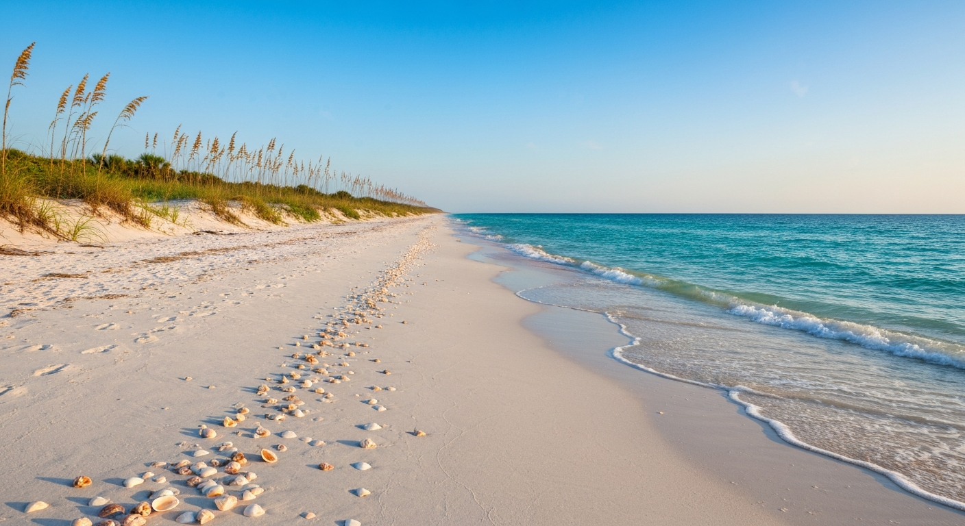 White sand beach and turquoise Gulf water along the Sanibel Island Florida coastline