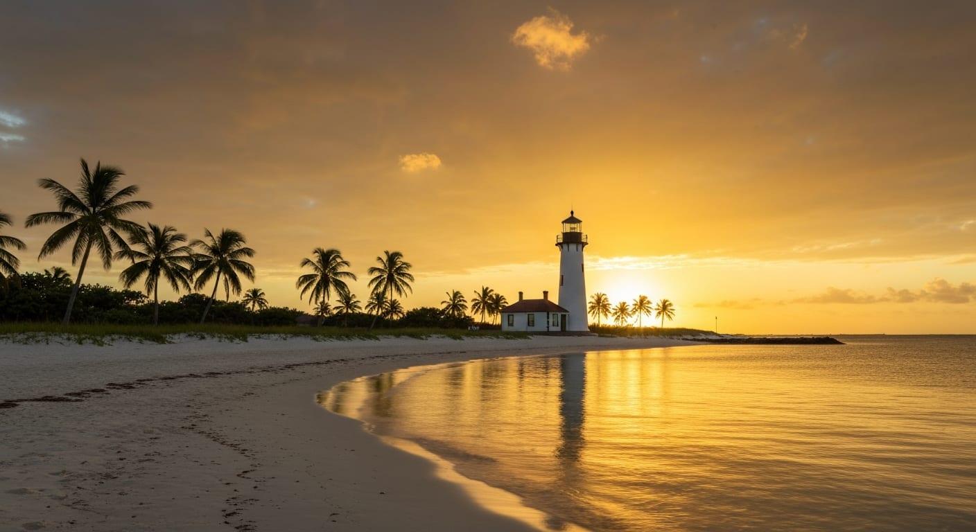 Sanibel Island lighthouse and beach at sunset