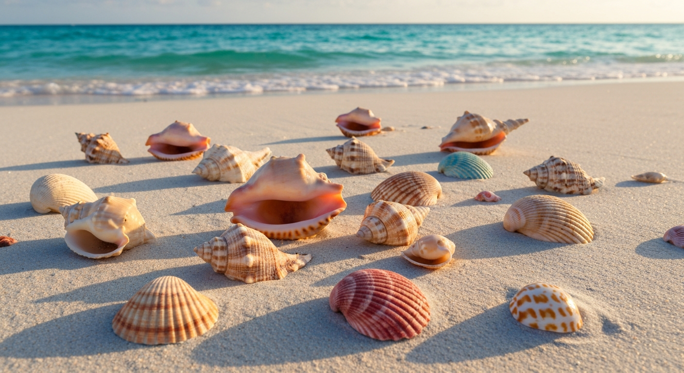 Colorful seashells scattered on white sand beach at Sanibel Island Florida