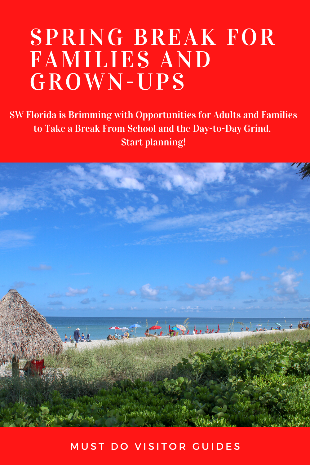 A sunny beach scene in Southwest Florida with palm trees and turquoise waters