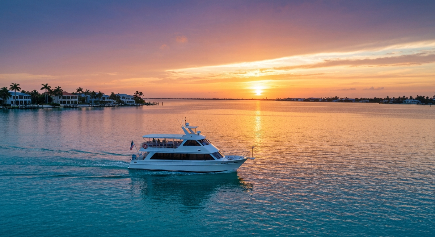 Sunset cruise boat on Naples Bay with golden sky over the Gulf of Mexico