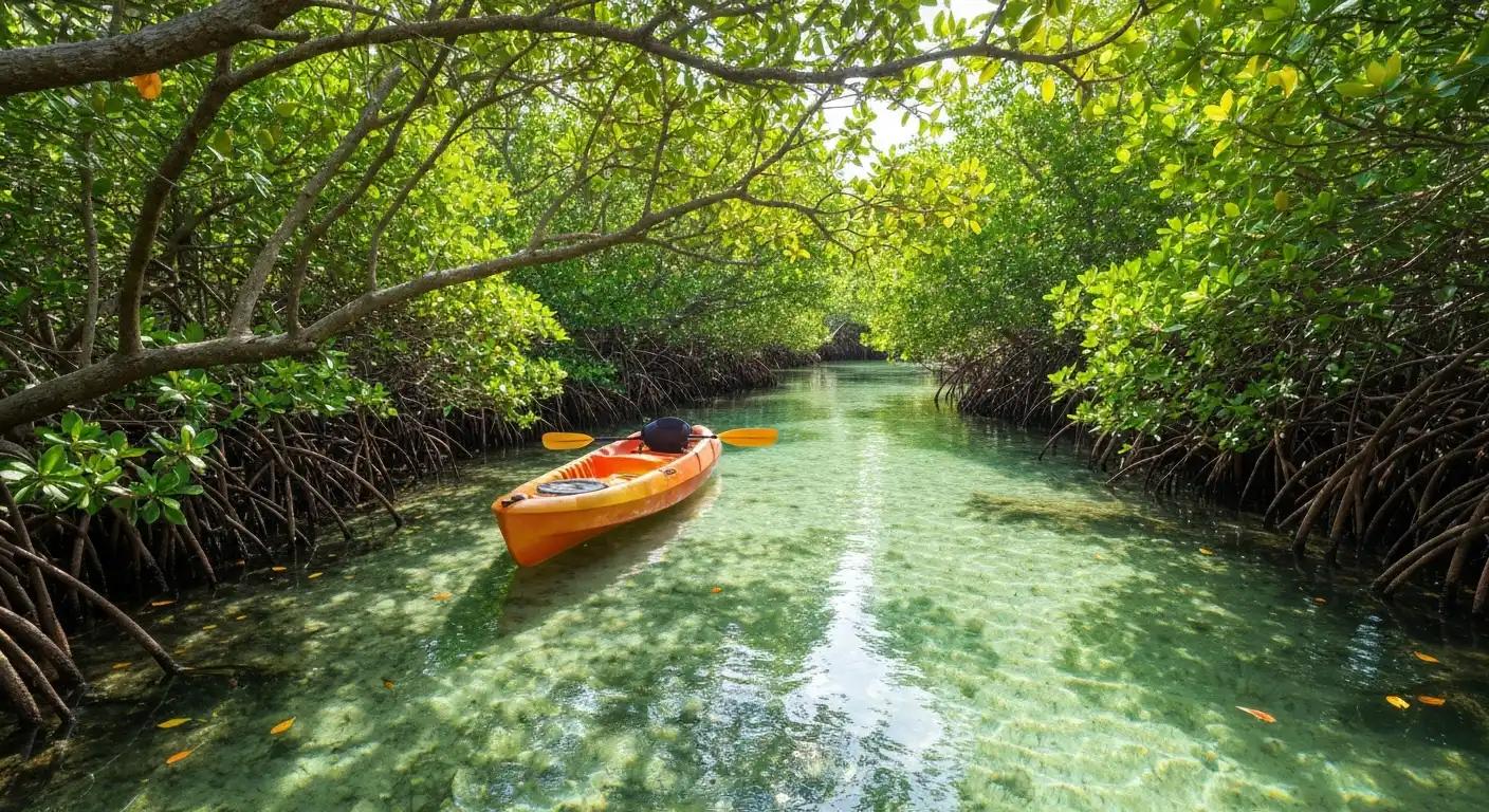 Kayaker paddling through mangrove tunnels in Southwest Florida