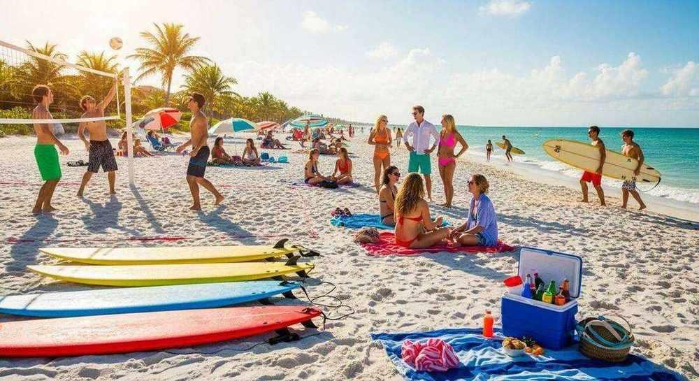 Sanibel Island lighthouse with families on the beach during spring
