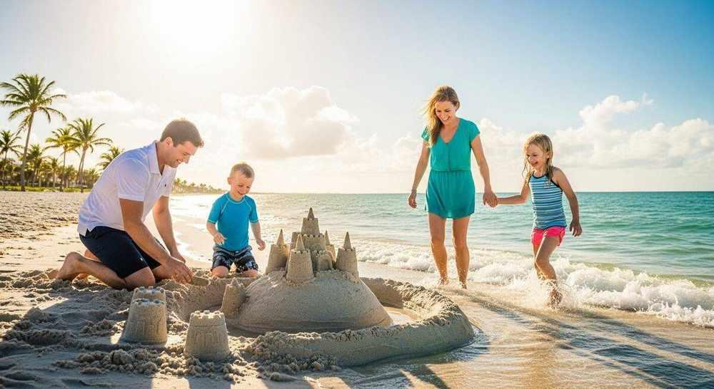 Summer sunset over Fort Myers Beach with calm Gulf waters