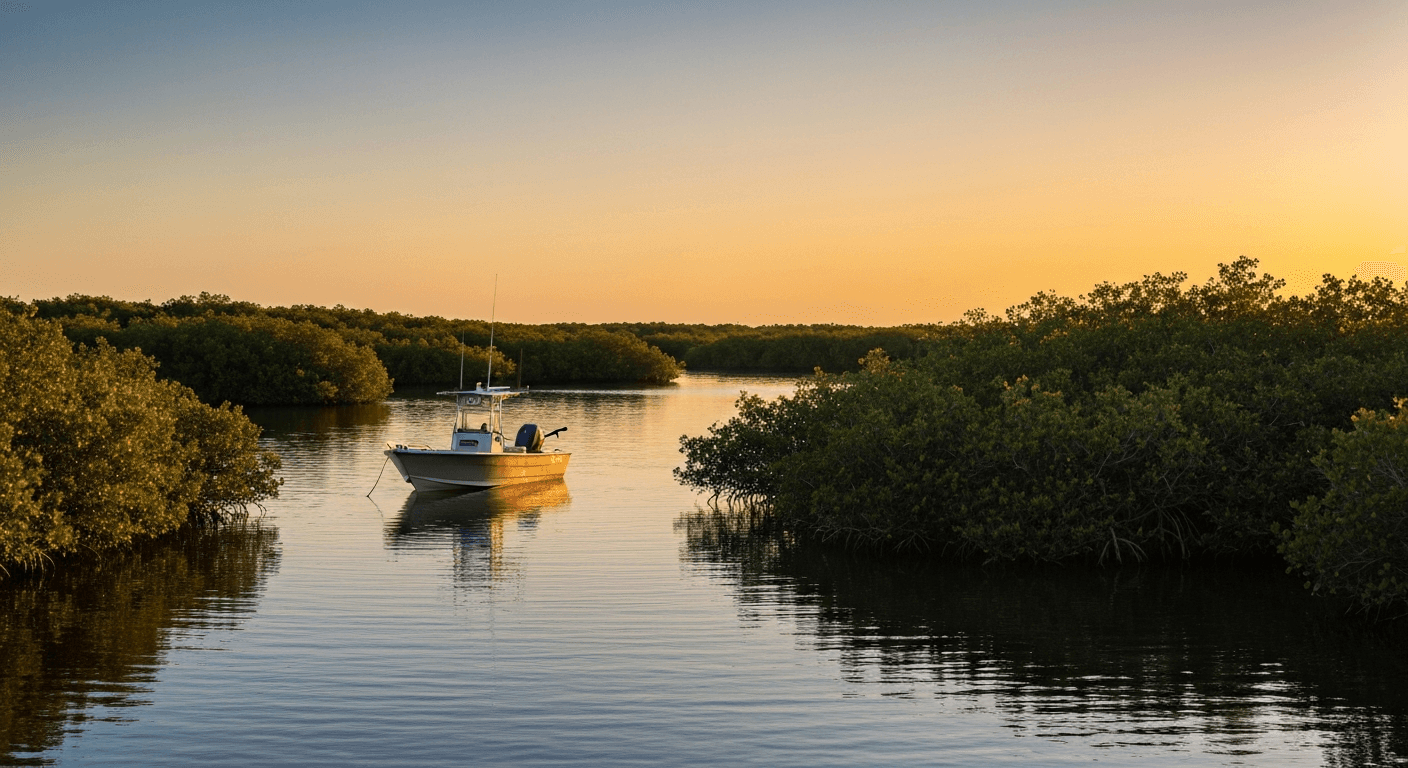 Fishing boat in the Ten Thousand Islands near Marco Island Florida at sunrise