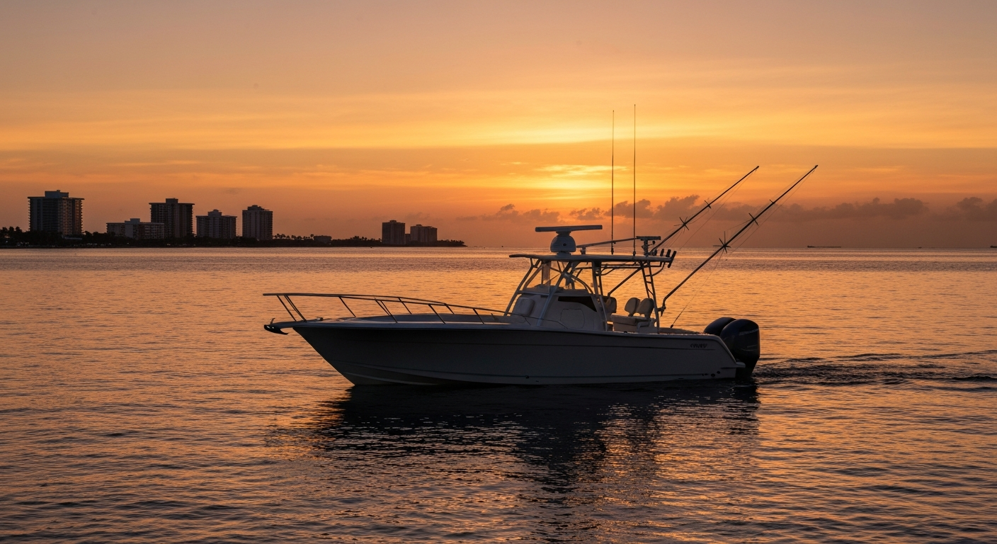 Fishing boat at sunset off the coast of Naples Florida with Gulf of Mexico waters
