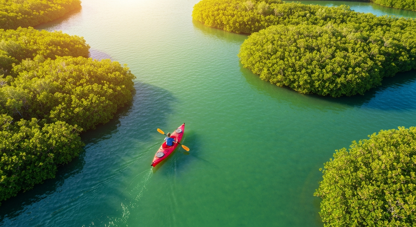 Kayaker paddling through mangrove tunnels near Lido Key in Sarasota Florida