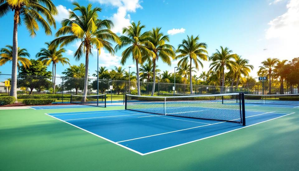 View of multiple pickleball courts at a large outdoor park in Naples