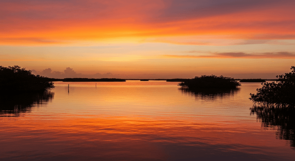 Sunset cruise boat in Pine Island Sound with golden sky near Captiva Florida