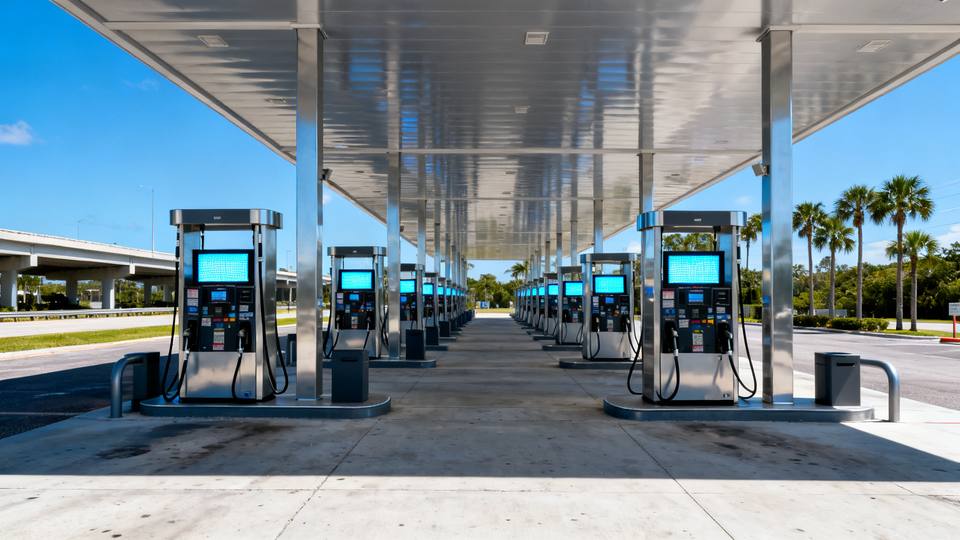 Rows of fuel pumps under a large canopy at a Florida travel center near the interstate