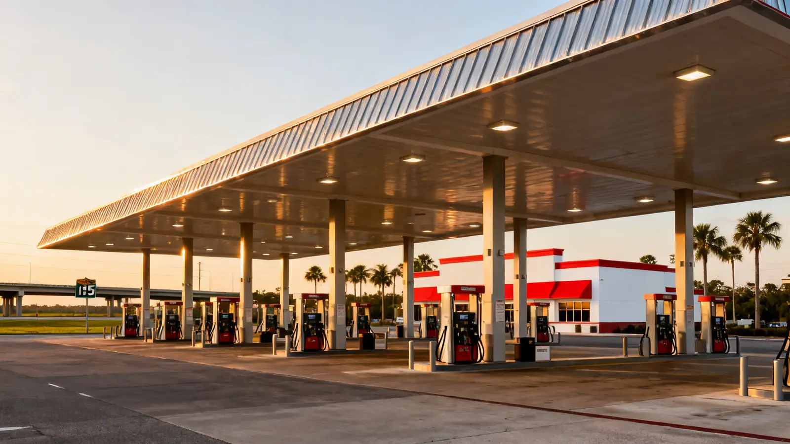 Large Florida travel-center gas station with rows of fuel pumps at golden hour near an interstate
