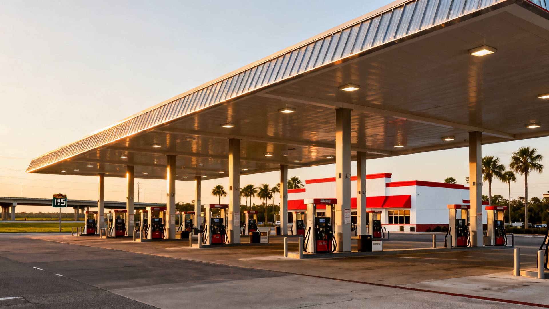 Large Florida travel-center gas station with rows of fuel pumps at golden hour near an interstate