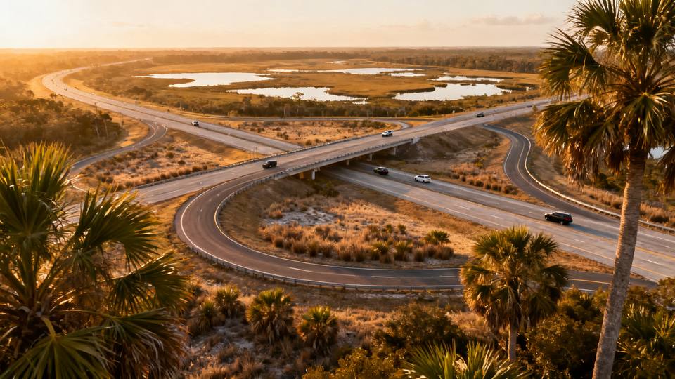 Aerial-style view of an interstate interchange in Southwest Florida with palm trees and undeveloped land
