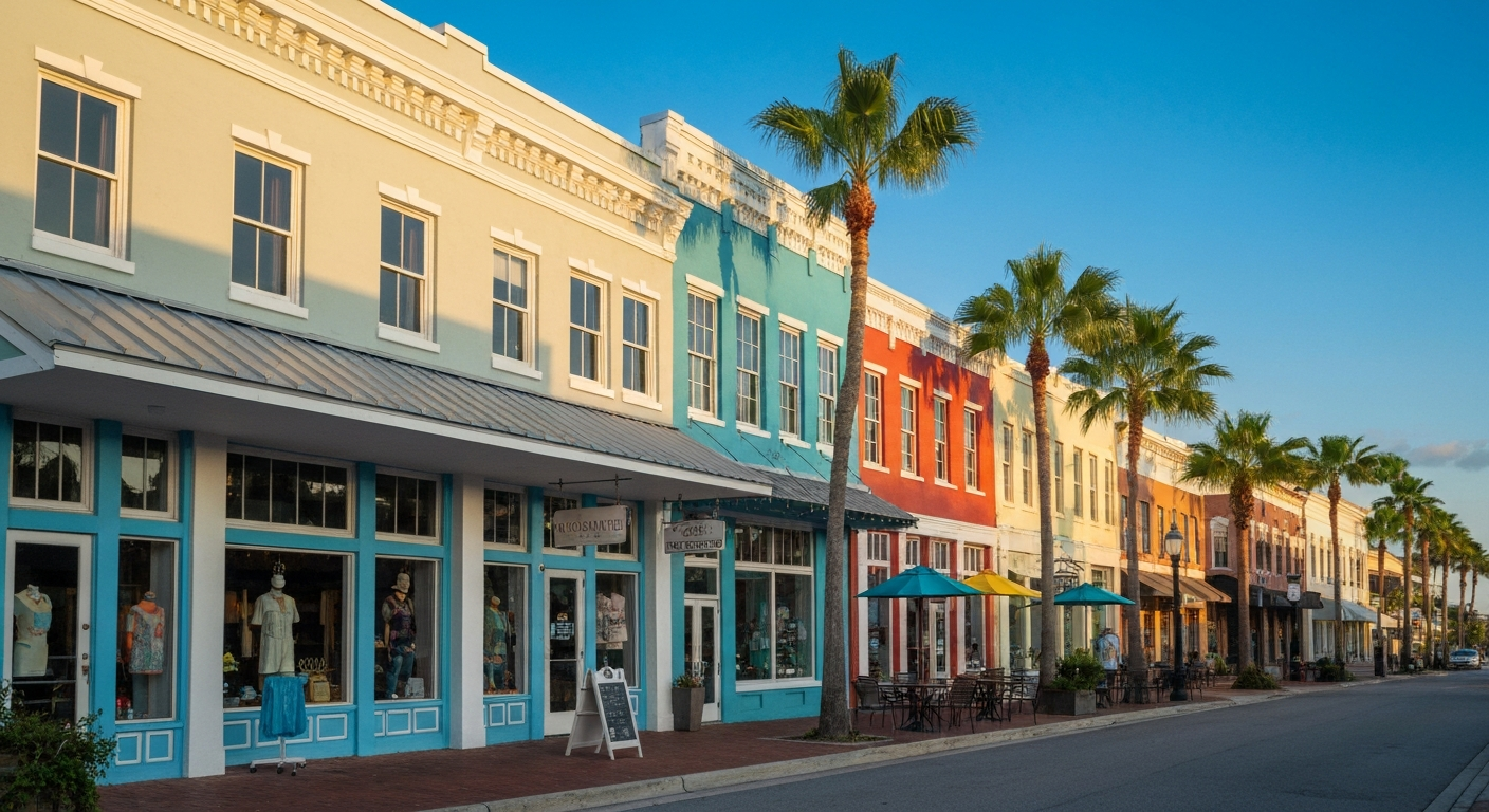 Colorful downtown Punta Gorda Florida street with palm trees and shops along Marion Avenue