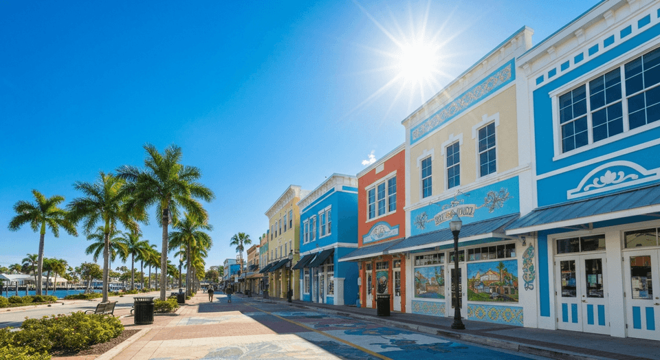 Outdoor seating at a downtown Punta Gorda cafe with morning sunlight