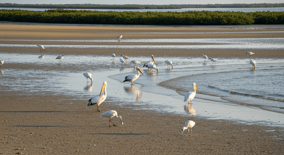 Wading birds on exposed tidal flats at Bunche Beach Preserve in Fort Myers Florida at low tide